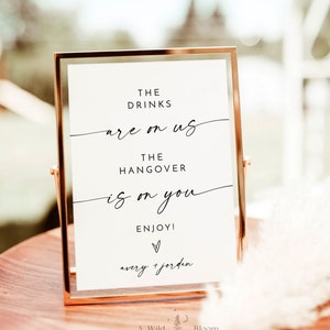 Open Bar Sign Template | Modern Minimalist Wedding Sign | Drinks Are On Us Hangover Is On You | Wedding Bar Sign | Editable Template | M9