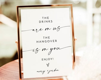 Open Bar Sign Template, Modern Minimalist Wedding, Drinks Are On Us Hangover Is On You, Instant Download, Editable Template, M9