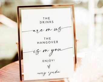 Open Bar Sign Template | Modern Minimalist Wedding Sign | Drinks Are On Us Hangover Is On You | Wedding Bar Sign | Editable Template | M9