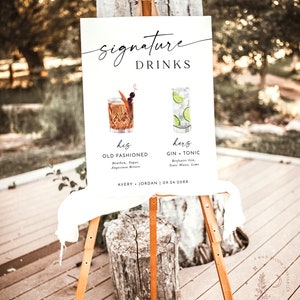 Signature Drinks Sign Template, Signature Cocktail Sign, Minimalist Wedding Bar Menu Sign, His and Hers Bar Sign, Editable Template, M9 image 2