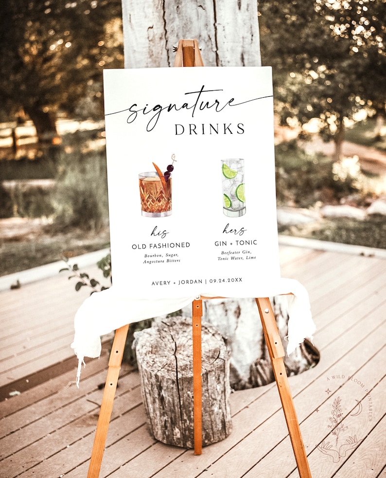 Signature Drinks Sign Template, Signature Cocktail Sign, Minimalist Wedding Bar Menu Sign, His and Hers Bar Sign, Editable Template, M9 image 2