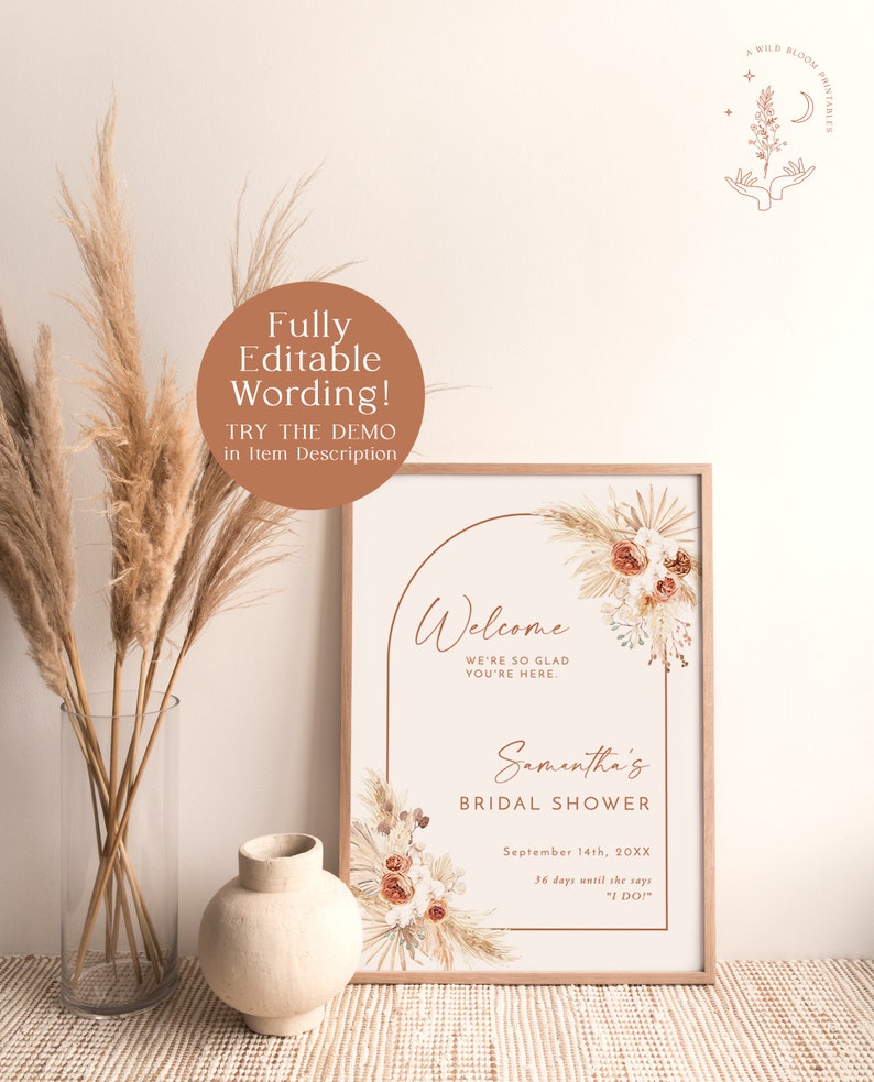 Boho Bridal Shower Welcome Sign Pampas Grass Bridal Shower Welcome Poster Minimalist Welcome Sign Boho Arch Welcome Sign A2 image 4