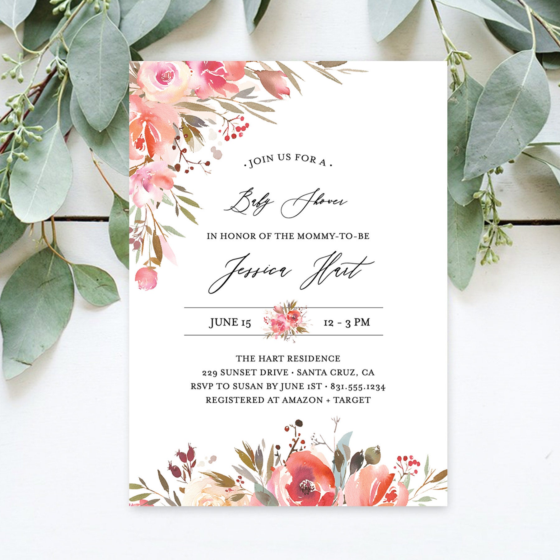 Boho Blush Feather Shower Invite Watercolor Flower Baby Shower Invite