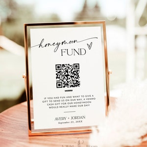 Segno del codice QR del fondo miele, segno del fondo della luna di miele del matrimonio minimalista, segno del codice QR Venmo, segno del matrimonio moderno, matrimonio moderno, modello modificabile D1