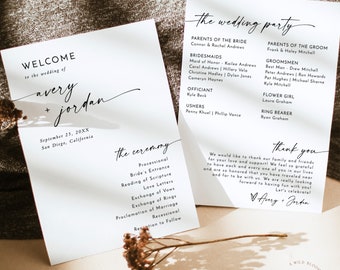 May include: Wedding invitation with a white background and black text. The invitation includes the names Avery and Jordan, the date September 25, 20XX, and the location San Diego, California. The invitation also includes a list of the wedding party members and the ceremony order.