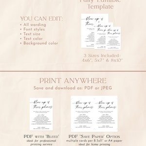 May include: Editable printable template for a "blow up their phones" game for a wedding reception. The template is available in three sizes: 4x6 inches, 5x7 inches, and 8x10 inches. The template can be printed with a bleed or without a bleed.