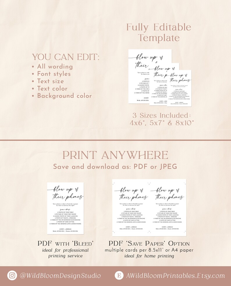 May include: Editable printable template for a "blow up their phones" game for a wedding reception. The template is available in three sizes: 4x6 inches, 5x7 inches, and 8x10 inches. The template can be printed with a bleed or without a bleed.