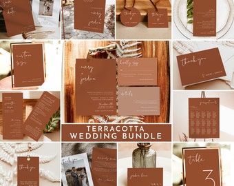 May include: Terracotta wedding stationery bundle with various cards, signs, and table numbers. The cards feature a minimalist design with a handwritten font and a terracotta color scheme. The text on the cards includes "Save the Date", "Welcome", "Avery + Jordan", "Kindly RSVP", "Details", "Thank You", "Guest List", "Table 3", and "Garden Lane".