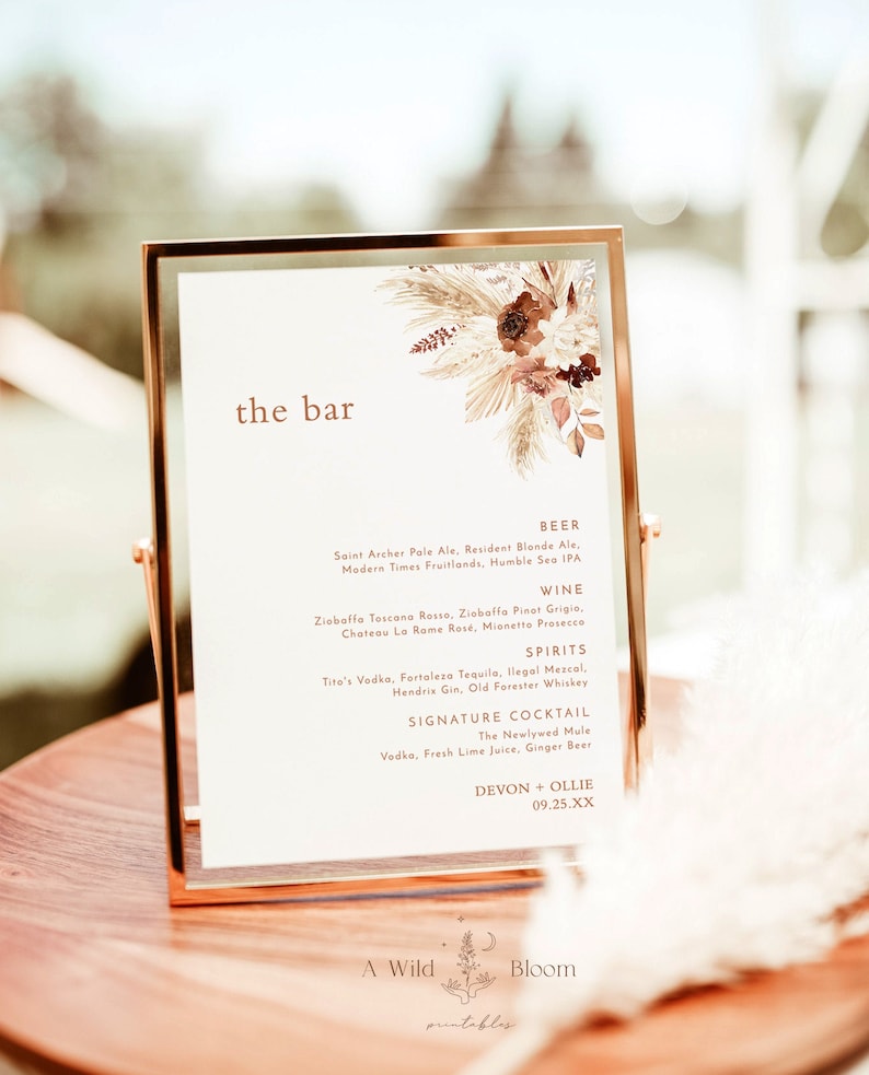 Bohemian Drink Menu Template Pampas Grass Cocktail Menu - Etsy
