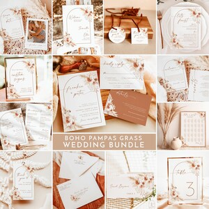 Bohemian Wedding Bundle Template, Boho Arched Wedding Templates, Modern Minimalist Wedding Invite, Pampas Grass Wedding Invite, A2