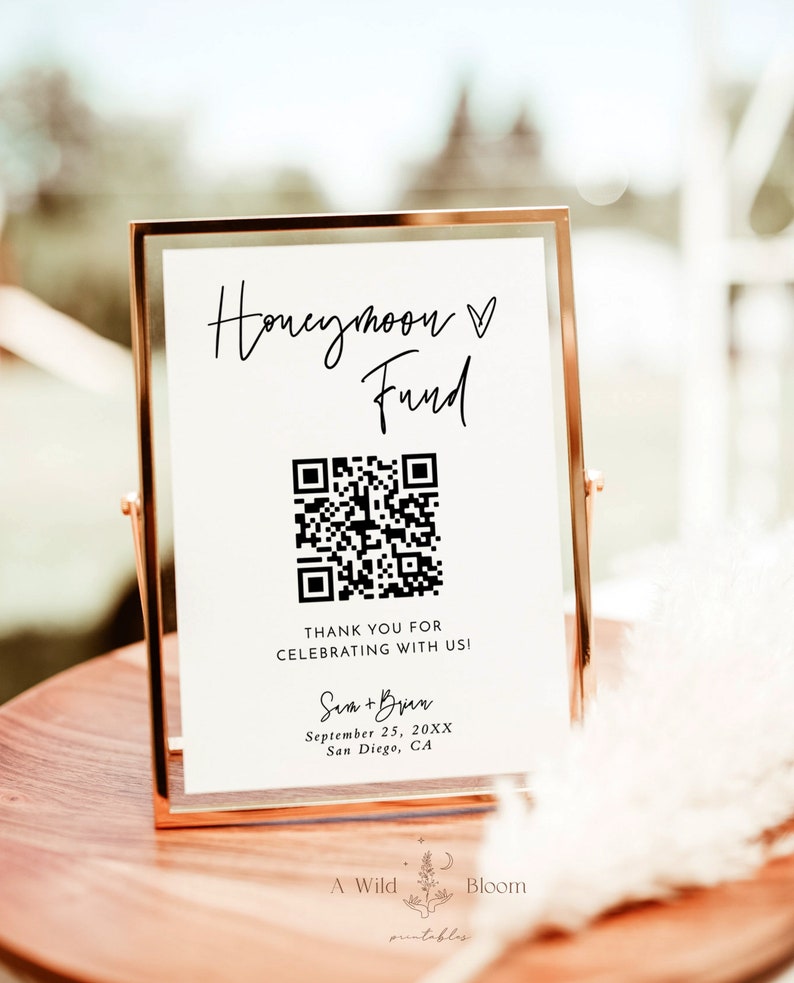 Honeymoon Fund QR Code Sign Wedding Honeymoon Fund Sign Venmo QR Code Modern Wedding Sign Modern Wedding Editable Template M8 image 1