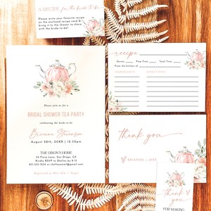 Bridal Shower Tea Party Invite, Bridal Tea Shower Bundle, Recipe Card, Blush Pink Florals, Boho Bridal Shower Invite, Tea Party, T4