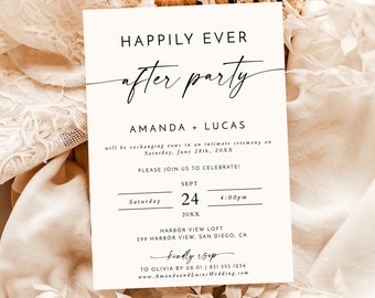 Könnte beinhalten: Eine weiße Hochzeitseinladung für eine After-Party mit schwarzem Text. Die Einladung lautet "Happily Ever After Party" mit den Namen des Paares, Amanda und Lucas, sowie dem Datum und der Uhrzeit der Veranstaltung. Die Einladung enthält auch den Veranstaltungsort, Harbor View Loft, 299 Harbor View, San Diego, CA. Die Einladung endet mit "kindly rsvp" und den Kontaktinformationen.