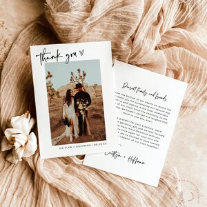 May include: A wedding thank you card with a photo of the couple in front of a desert landscape. The card reads "Thank you" and "Dearest family and friends." The text also includes the couple's names and wedding date: "Caitlyn + Hoffman | 09.25.XX".