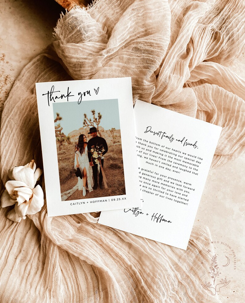 May include: A wedding thank you card with a photo of the couple in front of a desert landscape. The card reads "Thank you" and "Dearest family and friends." The text also includes the couple's names and wedding date: "Caitlyn + Hoffman | 09.25.XX".
