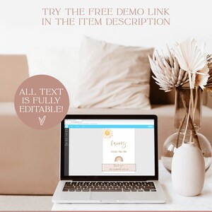 May include: A laptop computer displaying a printable favor sign with a sun and rainbow design. The text on the sign reads "favors please take one" and "thank you for celebrating with us".