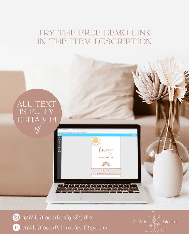 May include: A laptop computer displaying a printable favor sign with a sun and rainbow design. The text on the sign reads "favors please take one" and "thank you for celebrating with us".