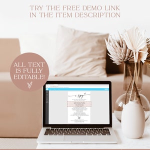 May include: A laptop computer displaying a printable "I Spy" game with a light brown background and a pink heart. The text on the screen reads "I Spy". The text "TRY THE FREE DEMO LINK IN THE ITEM DESCRIPTION" is displayed above the laptop. The text "ALL TEXT IS FULLY EDITABLE!" is displayed below the laptop. The text "@WildBloomDesignStudio" and "AWildBloomPrintables.Etsy.com" is displayed below the laptop.