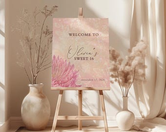 Sweet 16 Welcome Sign | Pink Butterfly Birthday Poster | Personalized Sweet Sixteen Party Decor | Printed & Shipped