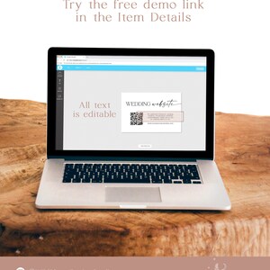 May include: A laptop computer screen displaying a website editor with a text box that says "All text is editable" and a QR code with the text "WEDDING website".