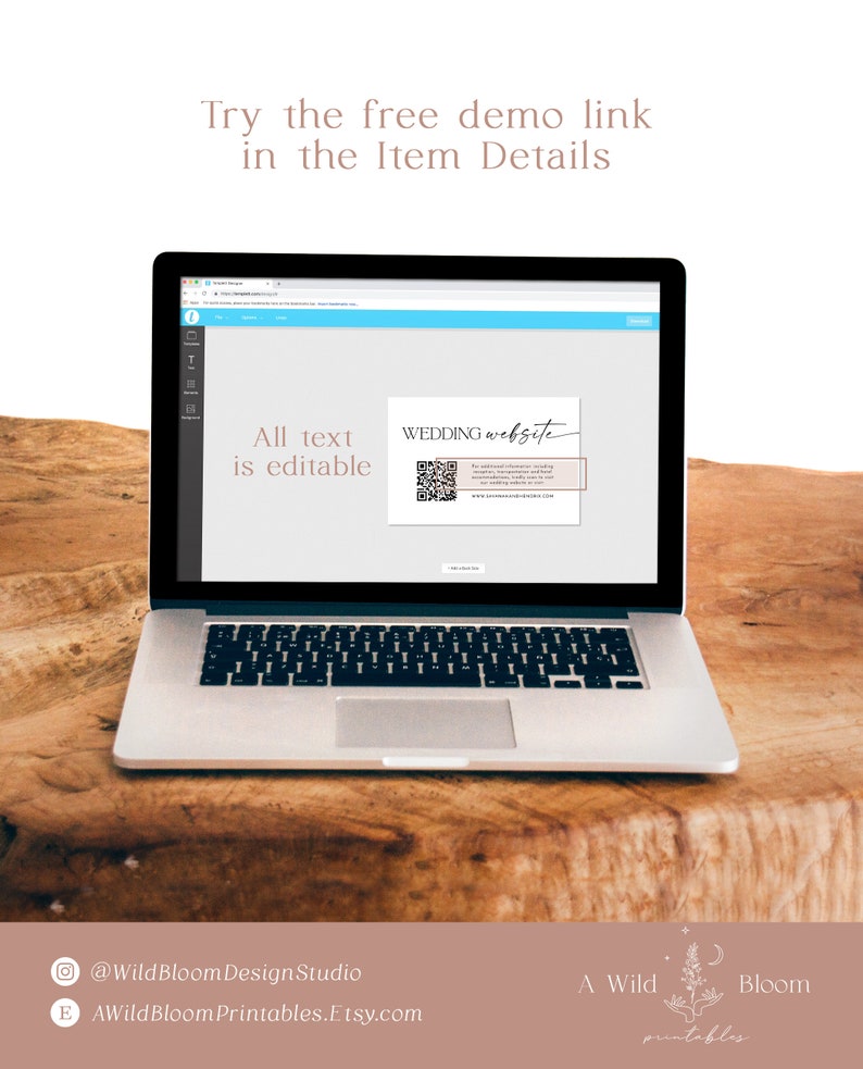 May include: A laptop computer screen displaying a website editor with a text box that says "All text is editable" and a QR code with the text "WEDDING website".