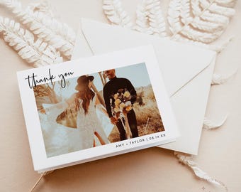 PRINTED + SHIPPED | Folded Photo Wedding Thank You Card with Envelopes | Blank Inside Modern Minimalist M2