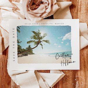 Carte postale tropicale réservez la date, réservez une invitation Mexique, photo minimaliste réservez la date, mariage tropical réservez le modèle