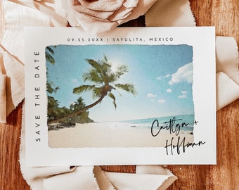Tropical Save the Date Postcard, Mexico the Invite, Minimalist Photo, Wedding the Template, Instant Download, Editable Template