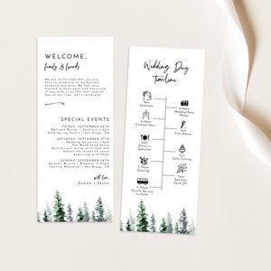 Pode incluir: Um convite de casamento com tema de floresta. O convite inclui um cronograma dos eventos do dia do casamento, incluindo a cerim&ocirc;nia, o hor&aacute;rio do coquetel, o jantar, os discursos, a dan&ccedil;a, o corte do bolo e o envio de fogos de artif&iacute;cio. O convite tamb&eacute;m inclui informa&ccedil;&otilde;es sobre eventos especiais, como um jantar de boas-vindas e um brunch de despedida.