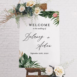 Tropical Greenery Wedding Welcome Sign | Printable Tropical Shower Poster | Self-Editing Template, Instant Download