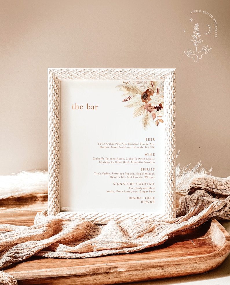Bohemian Drink Menu Template Pampas Grass Cocktail Menu - Etsy