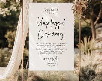 Unplugged Ceremony Sign | Personalized Black and White Wedding Decor | Elegant Script Welcome Poster | Printed & Shipped
