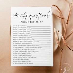 20 Questions About the Bride, Modern Bridal Trivia Shower Game, Minimalist Bridal Shower Game, Bridal Shower Game, Editable Template, M5