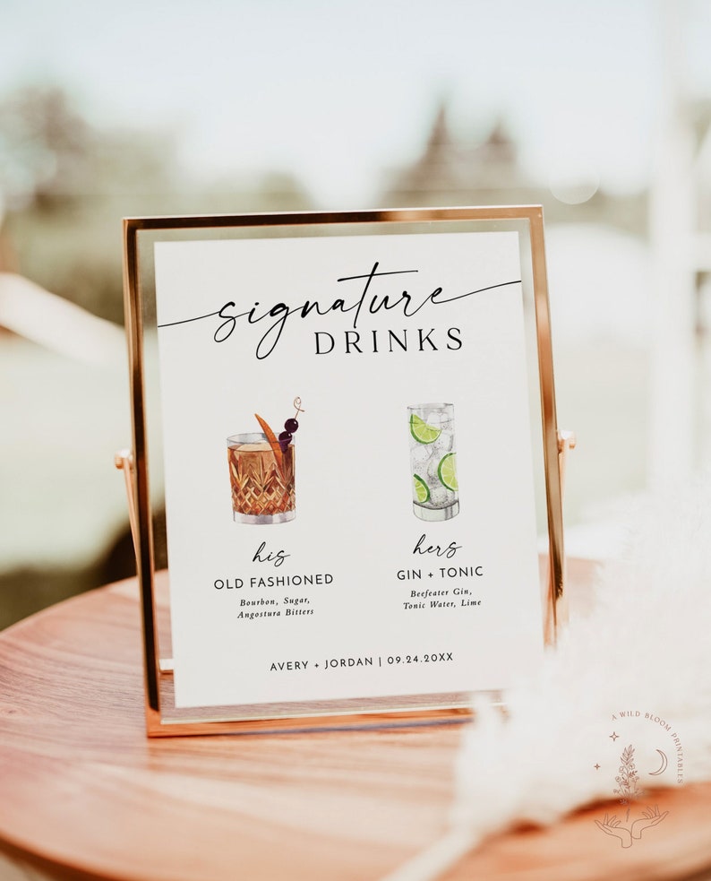 Signature Drinks Sign Template, Signature Cocktail Sign, Minimalist Wedding Bar Menu Sign, His and Hers Bar Sign, Editable Template, M9 image 1