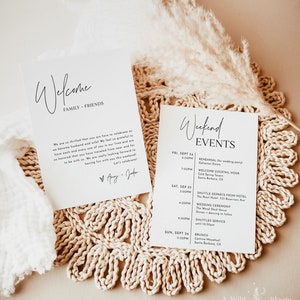 Plantilla de tarjeta de eventos de boda minimalista, eventos de fin de semana modernos, itinerario de boda, bolsa de bienvenida, cronograma de boda editable, M7