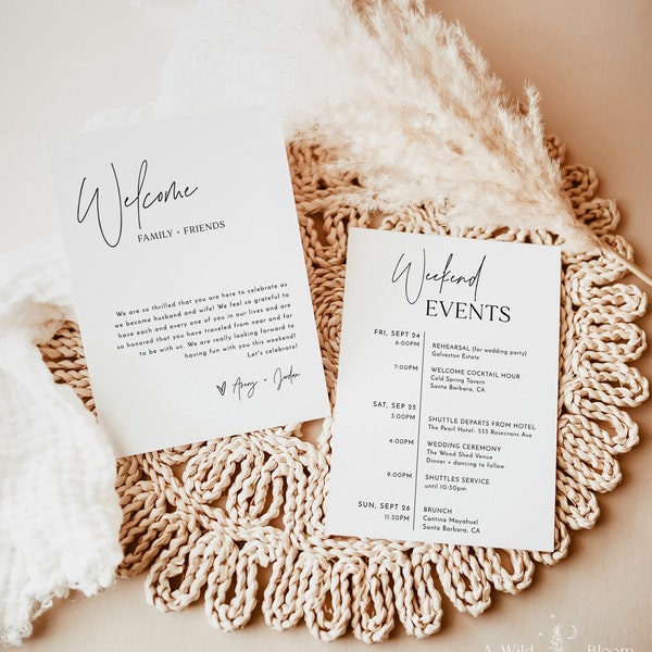 Minimalist Wedding Events Card Template, Modern Weekend Events, Wedding Itinerary, Welcome Bag, Editable Wedding Timeline Schedule, M7