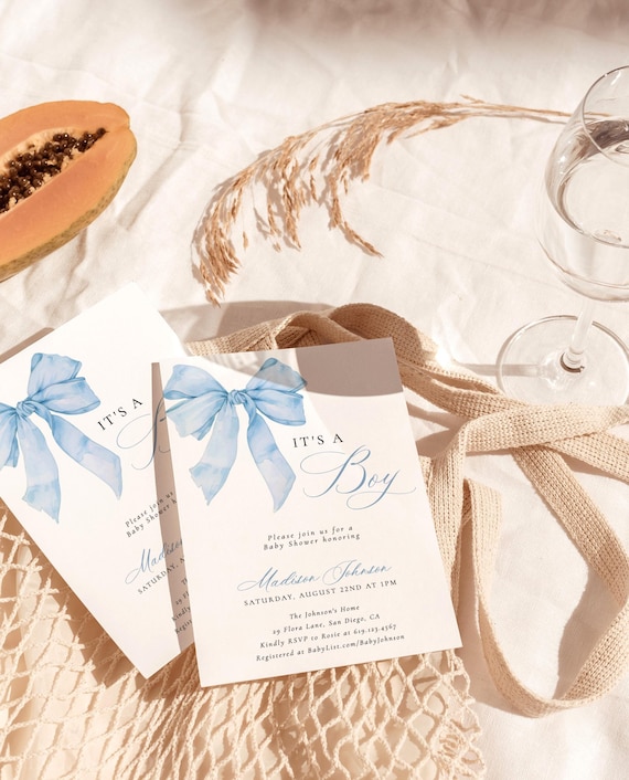 Blue Bow Baby Shower Invitation Template, Dusty Invite, Boy, Coquette, Bundle, Instant Download, Editable Template, B6
