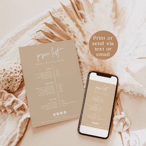 Pu&ograve; includere: Un listino prezzi beige e bianco per un salone di bellezza chiamato "Waves Beauty Salon". Il listino prezzi include servizi come tagli di capelli, colore e styling. Il listino prezzi &egrave; visualizzato su un telefono e un foglio di carta stampato. L'immagine include anche un motivo floreale decorativo.