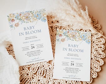 PRINTED + SHIPPED | Baby in Bloom Baby Shower Invite | Spring Flowers Boy Modern