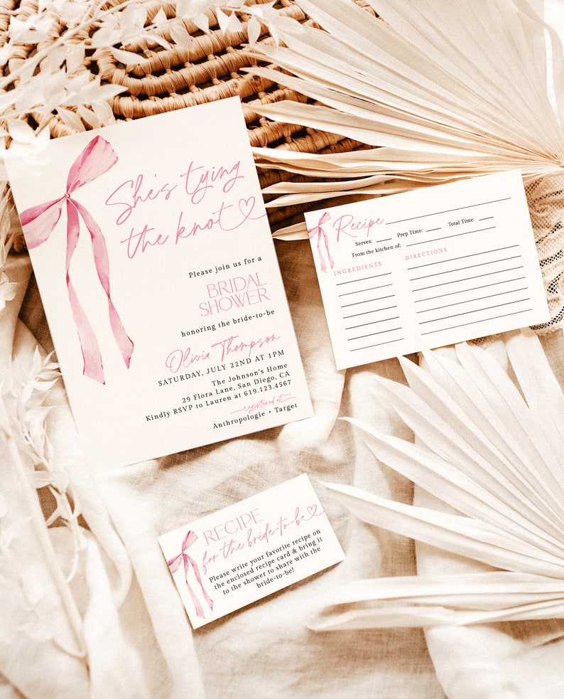 Bow Bridal Shower Invite Pink Bow Bridal Shower Bridal Shower Bundle Recipe Card Pink Ribbon, Minimalist Bridal Shower Invite B4 zdjęcie 2