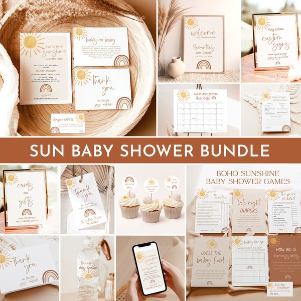 Sunshine Baby Shower Bundle, Gender Neutral Shower Bundle, Sun Baby Shower, Here Comes the Sun, Baby Shower Bundle, Editable Template, S2