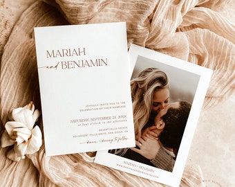 Plantilla de invitación de boda en terracota, minimalista, editable, moderna, descarga instantánea, foto, D1