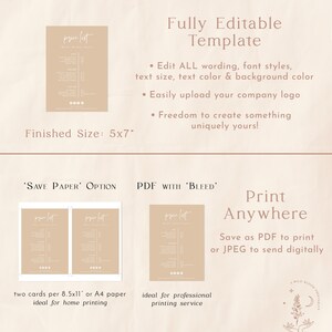 Pu&ograve; includere: Un modello digitale per un listino prezzi, con sfondo beige e testo bianco. Il modello &egrave; completamente modificabile e pu&ograve; essere stampato come una carta di 12,7 x 17,8 cm. Il testo dice "price list" e "Modello completamente modificabile".