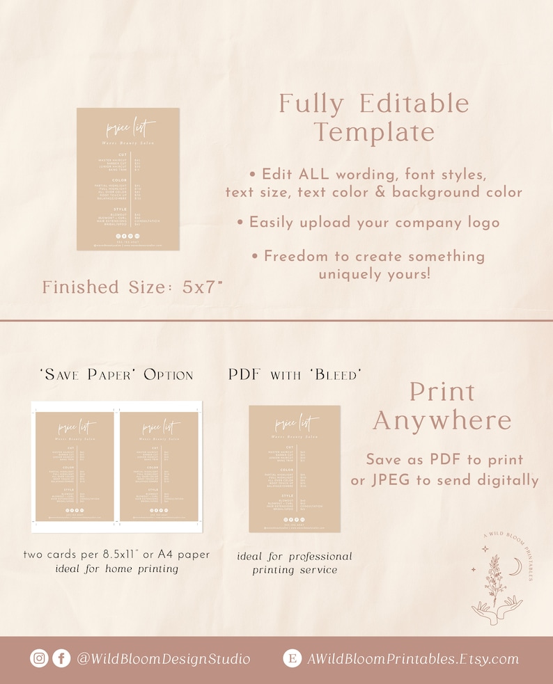 Pu&ograve; includere: Un modello digitale per un listino prezzi, con sfondo beige e testo bianco. Il modello &egrave; completamente modificabile e pu&ograve; essere stampato come una carta di 12,7 x 17,8 cm. Il testo dice "price list" e "Modello completamente modificabile".