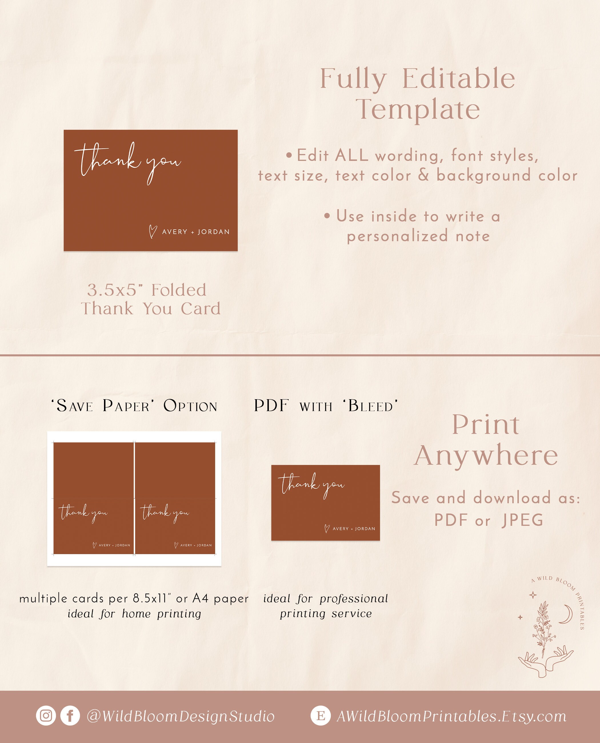 Terracotta Thank You Cards Template, Editable Card, Burnt Orange ...