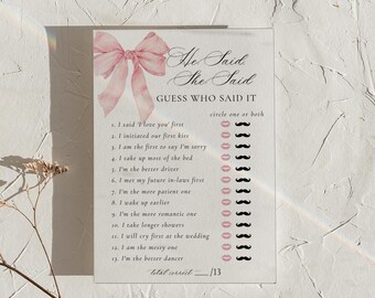 PRINTED + SHIPPED | He Said She Said Bridal Shower Game Pink Bow Guess Who Said It Coquette Bachelorette Party Card