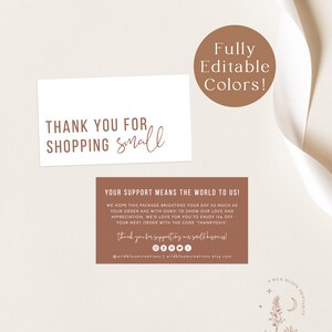May include: Thank you for shopping small card with a brown background and white text. The card features a floral design and the text "Your support means the world to us!" with a discount code offer. The card also includes the text "@wildbloomcreations | wildbloomcreations.etsy.com".