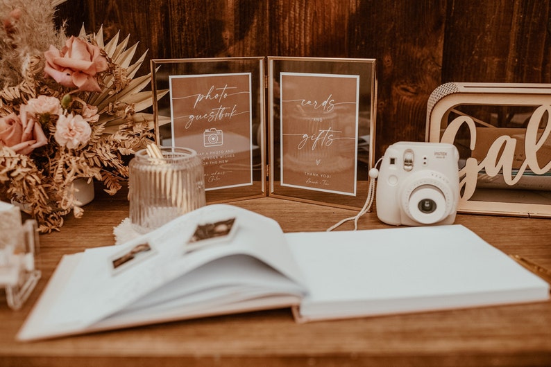 Cartões minimalistas e sinal de presentes, modelo moderno de sinal de casamento, sinal de presentes de casamento de terracota, sinal de presente de chá de panela, laranja queimada, T2 imagem 3