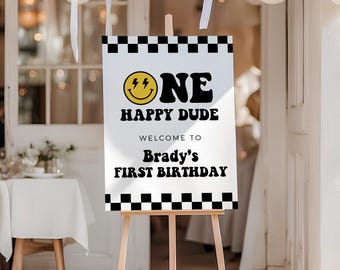 PRINTED + SHIPPED | One Happy Dude First Birthday Sign | Smiley Face Party Welcome Poster | Black Yellow Boy 1st Birthday Decor