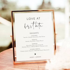 Dessert-Menü-Schild-Vorlage, Liebe auf den ersten Biss, minimalistisches Hochzeits-Dessert-Menü, modernes minimalistisches Hochzeitsschild, bearbeitbare Vorlage, M4